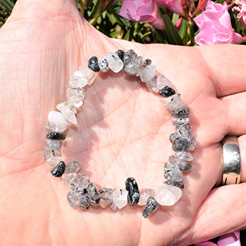 Zenergy Gems Charged Premium Natural Crystal Chip Bead Bracelet + Moroccan Selenite Charging Crystal [Included] - color: Black Tourmaline Quartz