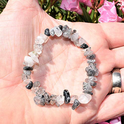 Zenergy Gems Charged Premium Natural Crystal Chip Bead Bracelet + Moroccan Selenite Charging Crystal [Included] - color: Black Tourmaline Quartz