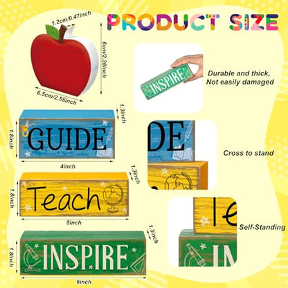 Yuntau 4 Pcs Teacher Appreciation Gift Wooden Apple Table Decoration Guide Teach Inspire Block Sign Apple Tiered Tray Decor Graduation Back to School Teachers Gift for Office Classroom - style: Apple