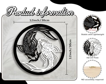 Creoate Koi Fish Wooden Wall Art, Black and White Yin Yang Themed Zen Decor for Yoga Room Bathroom Living Room Farmhouse, 12x12 inches