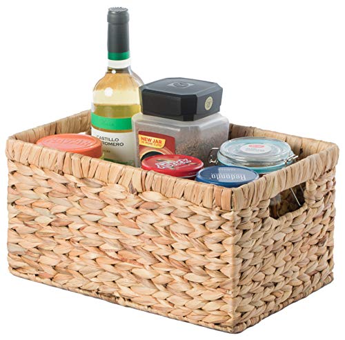 Natural Woven Water Hyacinth Wicker Rectangular Storage Bin Basket with Handles, Medium - size: Medium