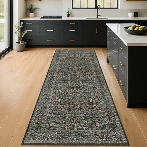 Non Slip 2x6 Kitchen Runner Rug Washable, Rubber Backed Bathroom Runner, Boho Vintage Floral Botanical Dark Green Non Skid Low Pile Soft Carpet for Entryway, Laundry Room, Hallway Mats for Floor - color: Dark Green / Black, size: 2' x 6' (Runner)