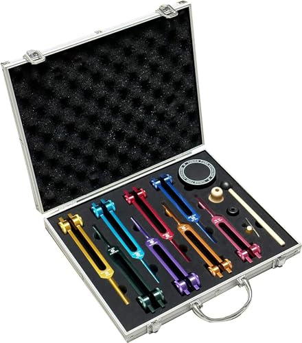 Chakra Tuning Fork Set for Healing, 7 Chakra and 1 Soul Purpose Weighted Colorful Solfeggio Tuning Forks, with Tuning Fork Activator, Rubber Mallet, Base, and Exquisite Aluminum Box - size: Chakra 8 set Multicolour (Upgraded)