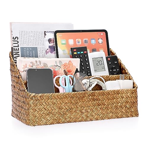 BTSKY Woven Storage Basket Natural Seagrass Vertical Wicker Storage Baskets with 4 Compartments Desk Organizers and Storage Magazine File Holder Home Office Supplies Sorter Rack, Caramel - color: Caramel