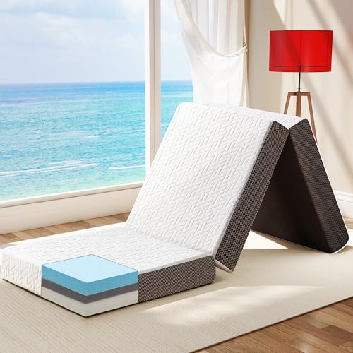 Hanherry 4 Inch Foldable Mattress Single Size, Tri-Folding Portable Memory Foam Topper Floor Bed with Storage Bag, Washable Cover for Travel, Camping, RV, Guest - size: Single (75 × 25 inch)