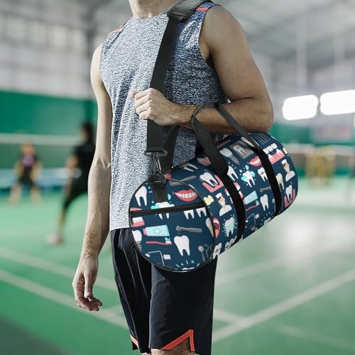 Teeth Dental Seamless Pattern Cylindrical Portable Fitness Bag, Large Capacity Handbag - color: Teeth Dental Seamless Pattern