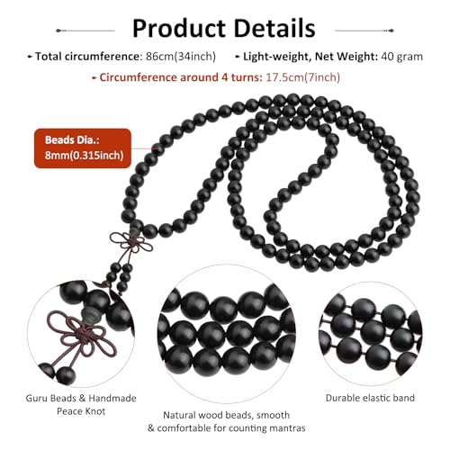 Nupuyai Natural Wood Wrap Bracelet for Women and Men, 108 Prayer Mala Beads Tibetan Necklace for Unisex Elastic Meditation Yoga Jewelry - color: Ebony Wood(8mm)
