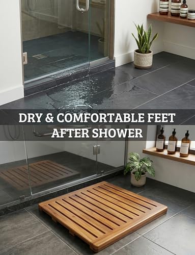 Acacia Wood Shower Mat 21x21 Inches by Demigo, Luxury Bath Mat Non Slip for Bathroom Bathtub Shower Spa Garden Home, Wooden Floor Mat Square Large for Outdoor and Indoor - size: 21" x 21" (Square)
