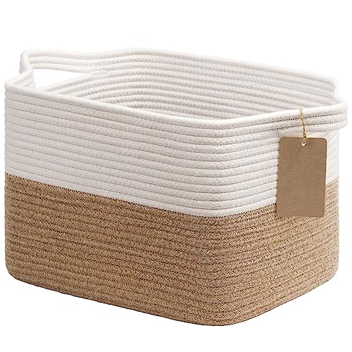 Goodpick Woven Storage Basket for Shelves, Medium Empty Gift Basket with Handles, Square Wicker Dog Toy Baskets, White and Jute Storage Bin, 13 x 10 x 9 Inches - color: Jute, size: 13"L x 10"W x 9"H