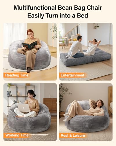 YEFU Bean Bag Chair for Adults: 4-in-1 Convertible Giant Bean Bag Bed, Overstuffed Memory Foam Floor Couch with Two Machine Washable Covers, Large Chair Bed for Living Room Bedroom, Full Grey - size: Full