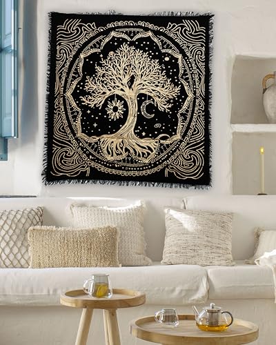 Indian Consigners Tree of Life Altar Cloth Tapestry Tablecloth Celtic Trees Ritual Spiritual Cloth for Sacred Places, Cotton Square Tarot Table Cover 24 by 24 Sacred - color: Golden Sun Moon Tree, size: 24" x 24" (Square)