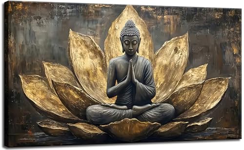 Large Buddha Lotus Canvas Wall Art Abstract Gold and Grey Zen Buddhism Decor painting Pictures Modern Serene Meditation Posters Prints for living room Bedroom Office Hallway Home Decoration - color: gold, size: 40"L x 20"W