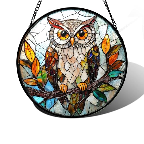 DASTOLL Stained Glass Window Hanging, Owl Colorful Leaves Birds Sun Catchers Diamond Glass Panel Hangings Suncatcher Decor for Birthday for Women, Men, Wife, Aunt, and Mom 11.8x11.8 in - color: Brown, size: 11.8x11.8 IN