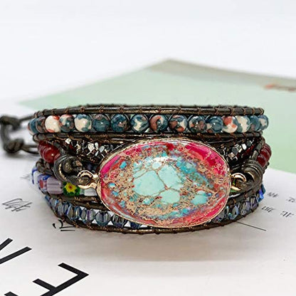 Boho Wrap Bracelet for Women, Handmade Natural Imperial Jasper Multi-Layer Stone Beaded Bracelet, Bohemian Healing Crystal Stone Jewelry Gifts - color: Emperor Stone 2#