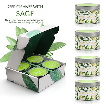 Sage Candles Gift Set, 4 Pack Natural Soy Wax White Sage Smudge Kit with Healing Crystals, House Cleansing & Negative Energy, Spiritual Meditation & Aromatherapy, Housewarming Birthday Self Care Gifts - style: Pure Sage 4 Pack