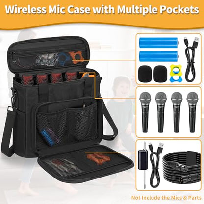 IBVIVIC 4 Slots Wireless Microphone Case with Foam, Microphone Carry Travel Bag with Shoulder Strap Mic Storage Bag for Singing, Karaoke, Party