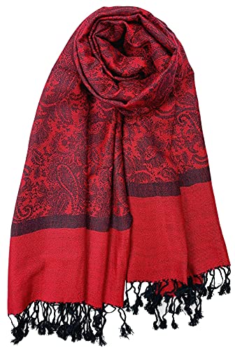 Plum Feathers Two Tone Vintage Paisley Pattern Pashmina Scarf - color: Red Paisley