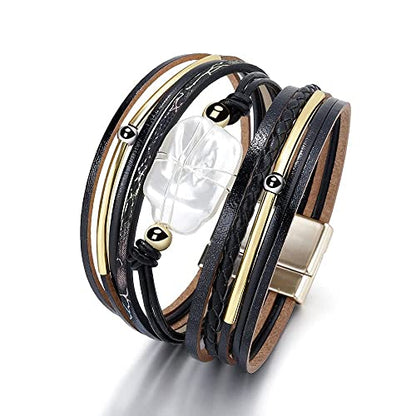 Fesciory Leopard Bracelet for Women, Boho Leather Wrap Multi-Layer Pearl Crystal Bracelet Bangle Jewelry - style: Black Leather(Pearl)