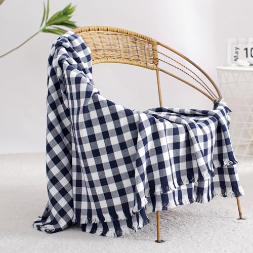100% Cotton Throw Blanket Plaid Soft Lightweight Cozy Farmhouse Tassels Summer Thin Breathable Throws for Couch Sofa Bed (50" × 60" Navy Blue) - color: Navy Blue, size: 50"x60"