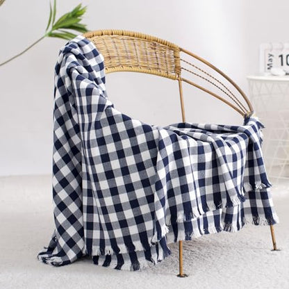 100% Cotton Throw Blanket Plaid Soft Lightweight Cozy Farmhouse Tassels Summer Thin Breathable Throws for Couch Sofa Bed (50" × 60" Navy Blue) - color: Navy Blue, size: 50"x60"