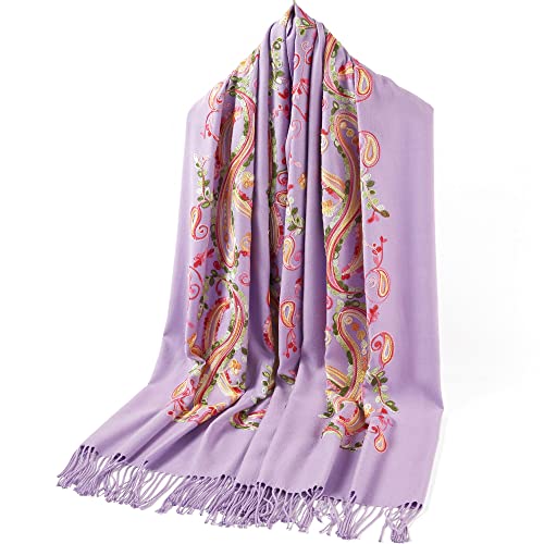 Embroidered Brushed Shawl Paisley Leaves Pattern Scarf Soft Ponchos Wrap Cape With Fringes - color: 040-lavenda