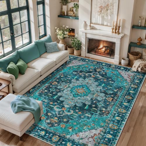 Ciicool Washable Area Rug - 6x9 Vintage Bedroom Rug Dining Room,Non-Slip Oriental Throw Low Pile Carpet for Office Kitchen Entryway Living Room - color: Teal/Multi, size: 6' x 9' (Rectangular)