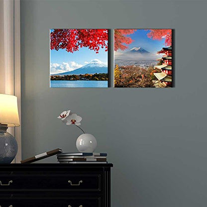 wall26 Two Piece Canvas - Mount Fuji Across a Lake Being Framed by a Red Tree with a Shrine by Its Side on 2 Panels - Canvas Art Home Art - 12x12 inches - color: Mount Fuji Across a Lake, size: 12" x 12" x 2 panels