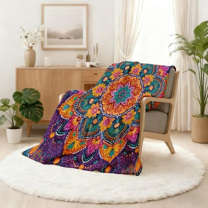 Meditation Mandala Blanket 30x40 Inch, Boho Vibrant Floral Fleece Throw Blanket for Couch Bed, Indian Hippie Bohemian Soft Blankets Cozy Lightweight Flannel Small Blankets Warm for All Season