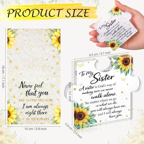 Yookeer Sister Gifts from Sisters, Unique Sister Birthday Acrylic Puzzle Shaped Plaque Sunflower Desk Decorations and Card Present for Big Sisters Mothers Day Wedding Graduation Birthday