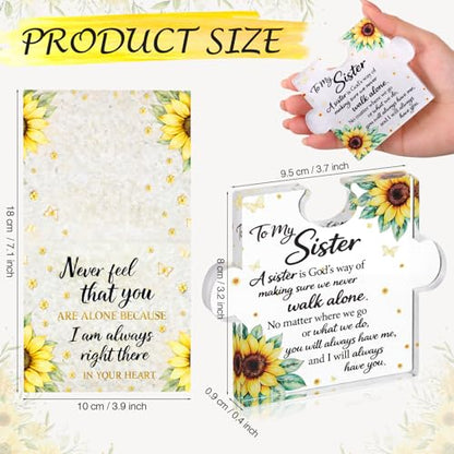 Yookeer Sister Gifts from Sisters, Unique Sister Birthday Acrylic Puzzle Shaped Plaque Sunflower Desk Decorations and Card Present for Big Sisters Mothers Day Wedding Graduation Birthday