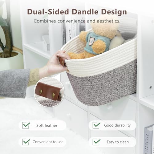 ECDYQXVU Cotton Rope Basket, Storage Baskets with Handle, 15x10x9 Inch Woven Basket for Shelves, Laundry, Towels, Clothes, Books (White Brown 1 Pack)