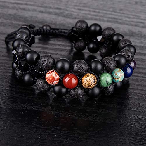 8mm Natural Lava Rock Stone Bracelets for Men, Healing Crystal Essential Oil Diffuser Beads Bracelet Chakra Yoga Energy Anxiety Gemstone Bracelet - color: 7 Chakra Stone + Lava Rock + Agate