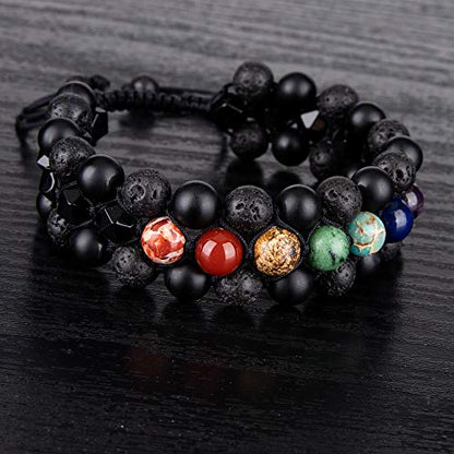 8mm Natural Lava Rock Stone Bracelets for Men, Healing Crystal Essential Oil Diffuser Beads Bracelet Chakra Yoga Energy Anxiety Gemstone Bracelet - color: 7 Chakra Stone + Lava Rock + Agate