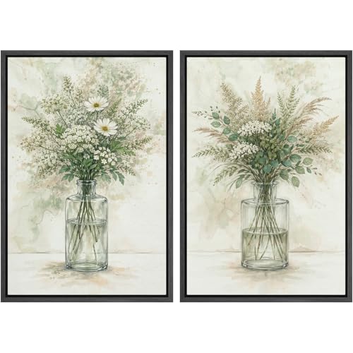 SIGNWIN Framed Canvas Print Wall Art Set Delicate Glass Vase Floral Arrangement Illustrations Minimal Decorative Contemporary Zen for Living Room, Bedroom, Office - 16"x24"x2 Black - color: B16-2603-yuk02, size: 16"x24"x2 Panels Black