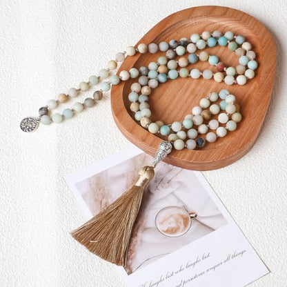 8mm 108 Mala Beads Wrap Bracelet Necklace for Yoga Charm Bracelet Natural Gemstone Jewelry for Women Men - color: Wood with Lotus