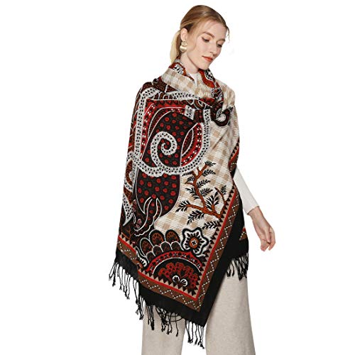 100% Merino Wool Pashmina Shawl for Women 96"x43", Oversized Cashmere Wrap with Tassels, Floral Travel Blanket Cape - color: Brown Rust Tribal Garden