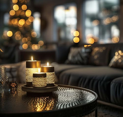 Tealight Candle Holders with Tray – Set of 3 Rustic Black Wooden Candle Holders with Natural Rope Accent, Cozy Centerpiece for Romantic Dinner Table Decor, Anniversary & Housewarming Gifts