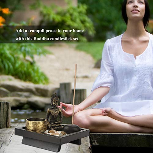Zen Meditation Rock Garden Table Kit, Chinese Buddhism Candlestick, Meditation Relax Decor Set for Home,Garden