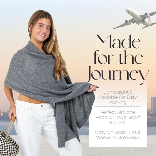 Velanio Cashmere Luxury Knitted Wrap Travel Shawl Scarf, Pashmina Stole, All-Season Scarf for Women Cashmere Wool Blend - color: Heather Smoke-grey