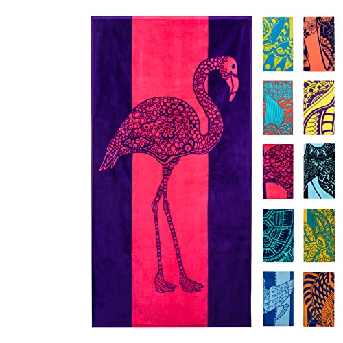 Nova Blue Flamingo Beach Towel – Pink and Purple with A Cute Design, Extra Large, XL (34”x 63”) Absorbent & Portable, Lightweight, Pink Beach Towel, Made from 100% Cotton - color: Flamingo