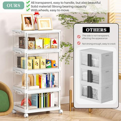Kmiectse Clear Storage Bins with Lids - 4 Tier Plastic Bins with Wheels, Stackable Storage Bin, Closet Organizers Box for Bedroom, Living Room, 23 QT Folding Box with Magnetic door - size: 23QT-4Pack&1Lid