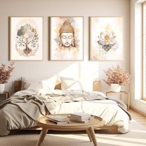 Lhoiplme Zen Wall Art Decor Buddha Lotus Flower Artwork Tree of Life Canvas Painting Yoga Meditation Studio Wall Art Mindfulness Spiritual Energy Poster for Living Room Bedroom 8x10x3 Inch Unframed