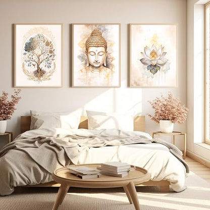 Lhoiplme Zen Wall Art Decor Buddha Lotus Flower Artwork Tree of Life Canvas Painting Yoga Meditation Studio Wall Art Mindfulness Spiritual Energy Poster for Living Room Bedroom 8x10x3 Inch Unframed
