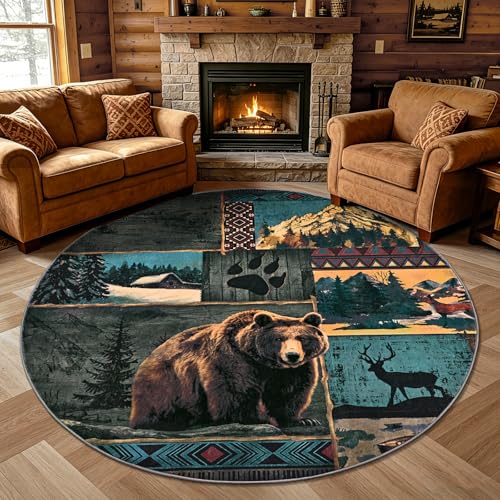 ASPMIZ Rustic Round Rug 4ft, Cabin Bear Moose Area Rugs for Living Room, Low Pile Southwestern Washable Rug Non Slip, Soft Faux Wool Circle Rugs for Bedroom, Entryway, Wildlife Home Decor, Blue - color: Blue, size: 4' X 4' (Round)