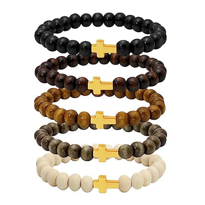 MILAKOO 5 Pcs Wooden Beaded Bracelet Bangle for Men and Women Elastic - style: Gold Cross