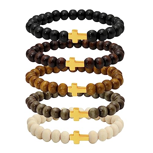 MILAKOO 5 Pcs Wooden Beaded Bracelet Bangle for Men and Women Elastic - style: Gold Cross