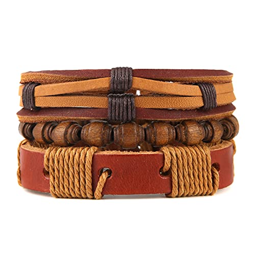 HZMAN Wrap Bracelets Men Women, Hemp Cords Wood Beads Ethnic Tribal Bracelets, Leather Wristbands - style: Wooden bead style 2