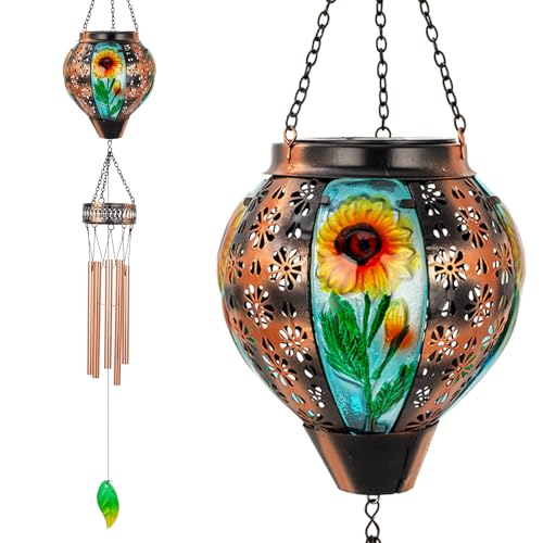 Solar Wind Chimes for Outside,Sunflower Hanging Wind Chime,LED Solar Lanterns Windchimes,Memorial Wind Chimes for Mom Women,Outdoor Wind Chime Deep Tone,Sunflower Windchime for Garden Yard - color: B-sunflower