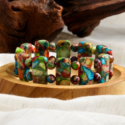 Yomisa Boho Beaded Bracelets for Women,Natural Chakra Turquoise Stone Jasper Bead Bracelet for Womens,Bohemian Handmade Stretch Beads Friendship Bracelets,Healing Trendy Western Jewelry Gifts - color: Colorful Imperial Stone Bead
