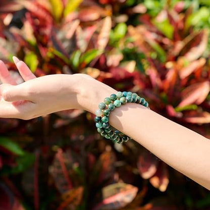 Bivei Natural Gemstone Semi Precious Healing Crystals Handmade Stretchy Round Beads Bracelet,Stocking Stuffers for Women Enhance Positive Energy - color: 8mm Moss Agate & African Turquoise (Peace & Prosperity), size: Large: 8-8.26 inch